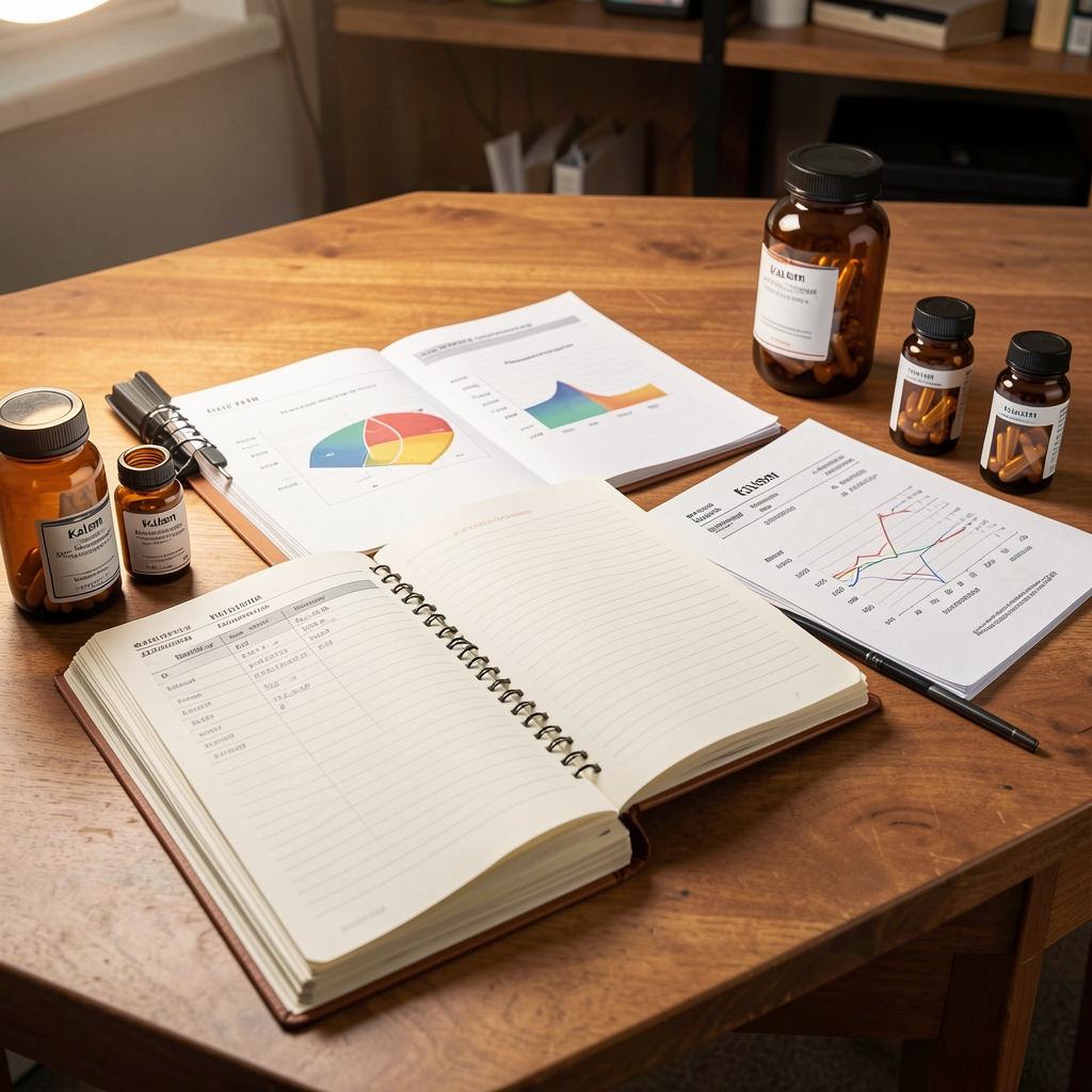 Kalem supplement formulation workspace — open notebooks with batch records, elemental profile sheets, and amber capsule bottles arranged on a warm-toned wooden desk under studio lighting