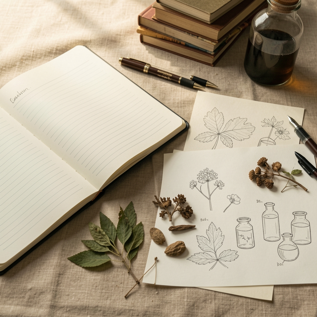 Kalem founding workspace in Jakarta — a desk with open research notebooks, botanical macro samples, and early formulation sketches laid flat on a warm linen surface