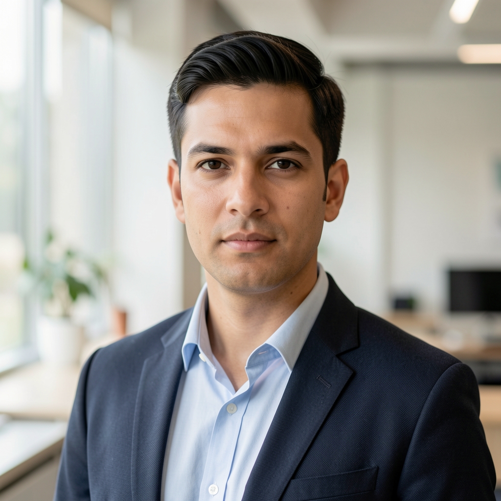 Portrait of a Kalem team member — a professional in a light-coloured workspace setting, natural window light, neutral expression, natural tones