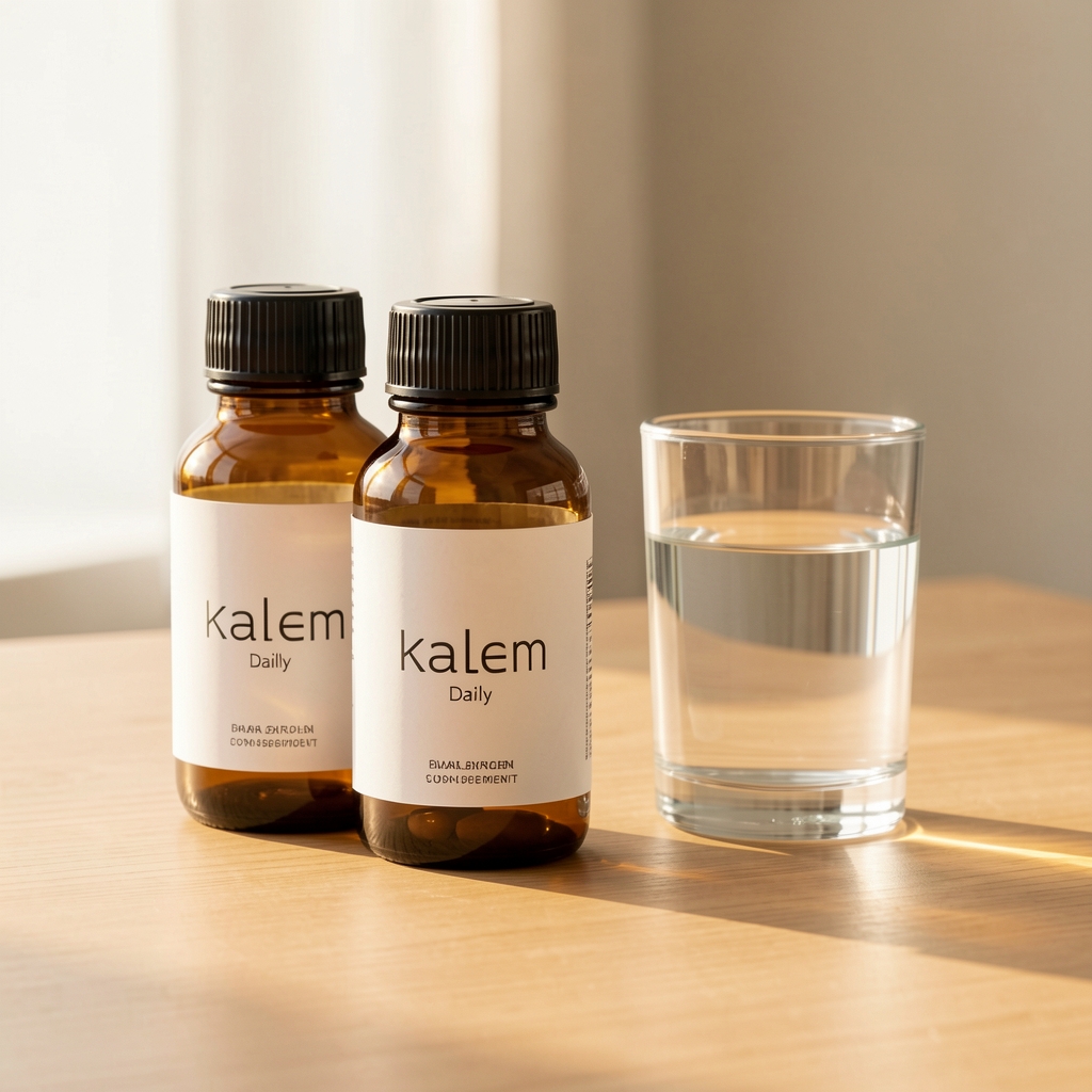 Kalem daily supplement composition displayed on a clean wooden surface — amber glass bottles with minimalist labels beside a glass of water in warm natural light