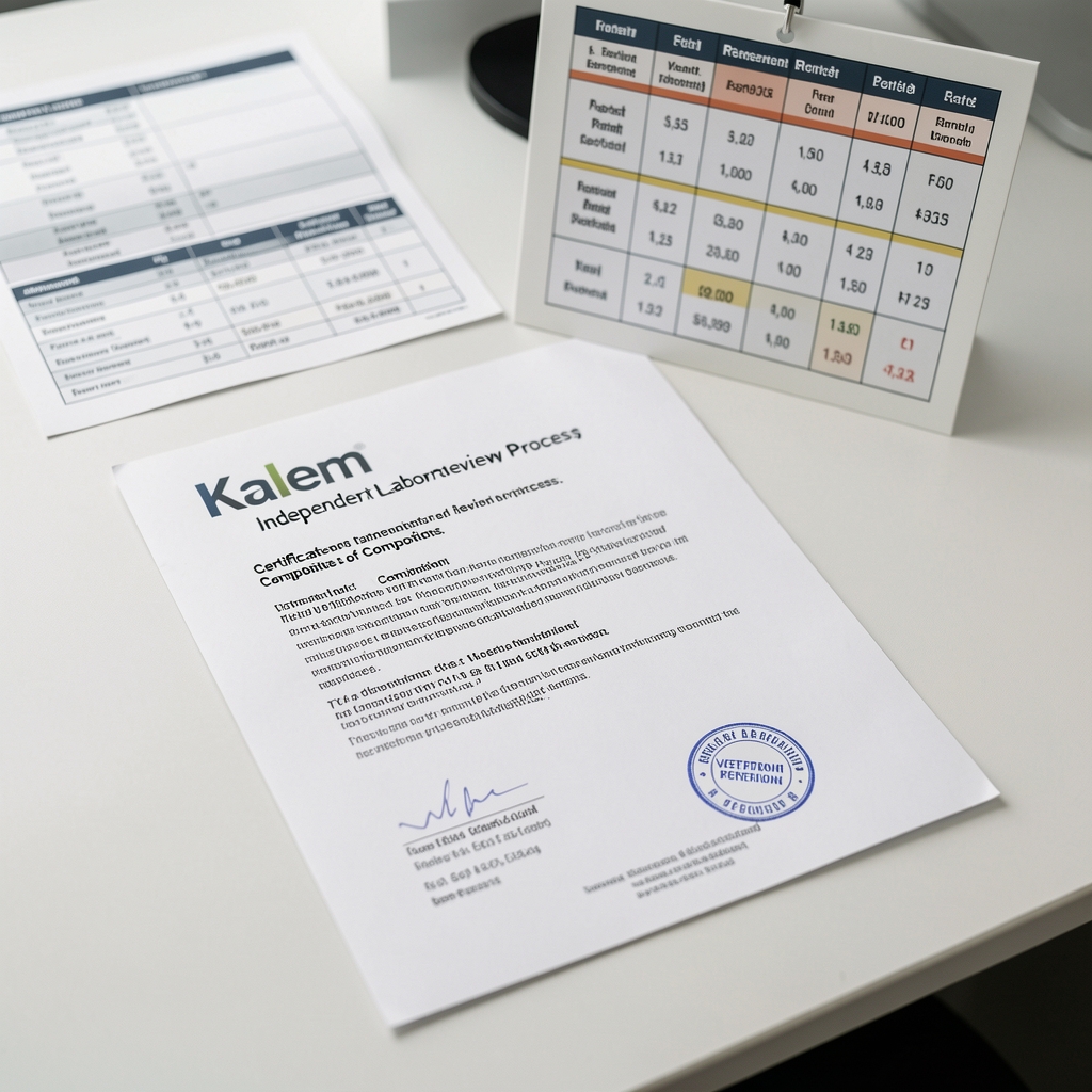 Quality-control bench at the Kalem production facility — batch-coded amber supplement containers arranged beside printed lot documentation sheets under clean controlled lighting
