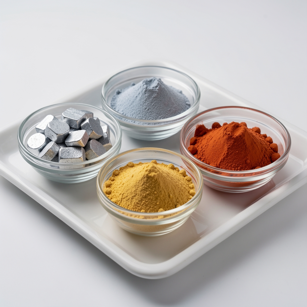 Kalem mineral ingredient samples in glass bowls — zinc, magnesium and selenium powders arranged on a white ceramic tray under controlled studio lighting for quality-control inspection