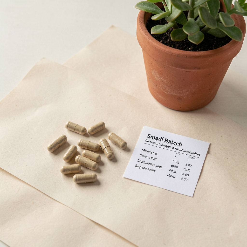 Kalem Zinc and Magnesium Matrix — flat lay of mineral supplement capsules and a small batch documentation card on unbleached paper with a potted plant in the background