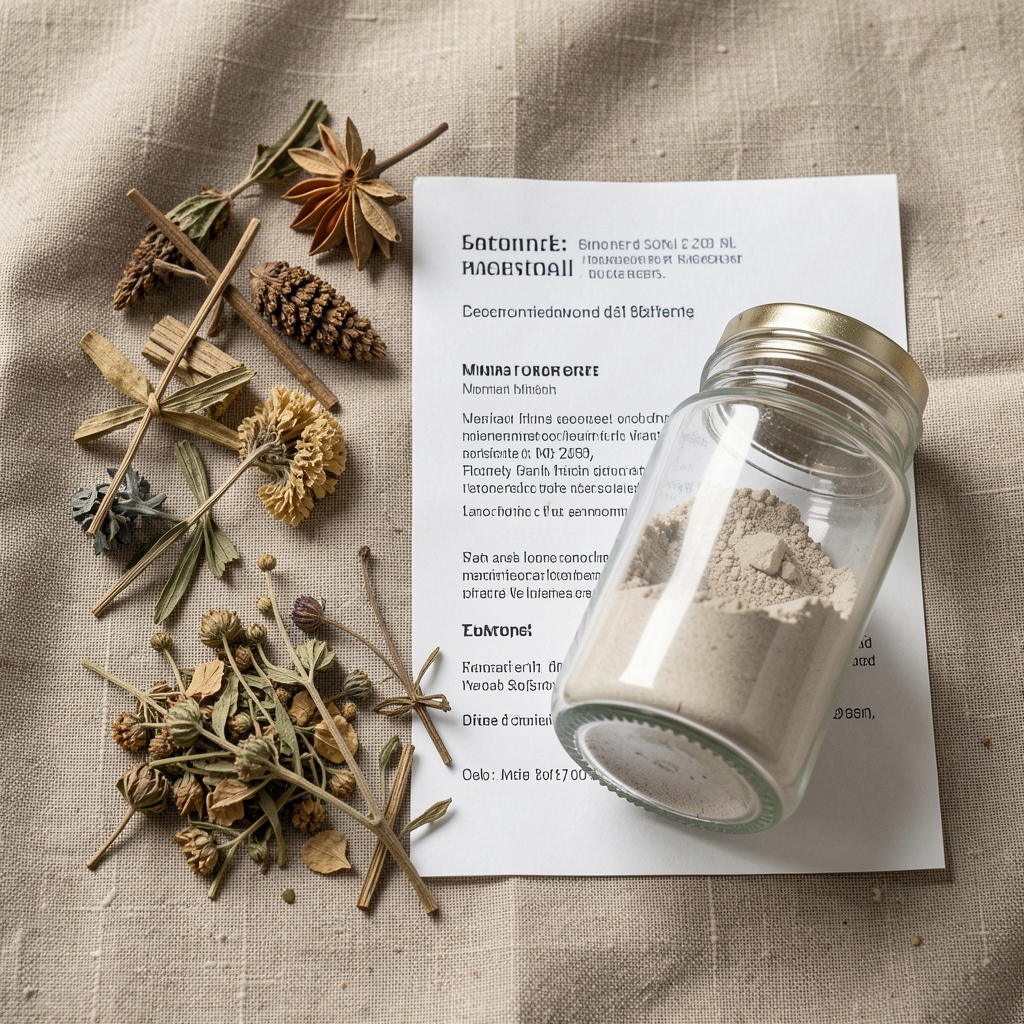 Kalem Botanical Trace Minerals supplement — flat lay of dried botanical herb samples, a glass sample jar of mineral powder, and printed origin documentation on a natural linen cloth