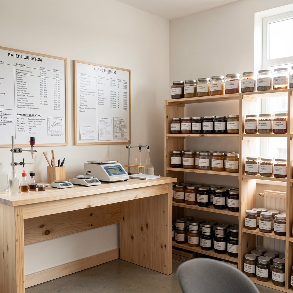 Kalem formulation studio interior — light-filled open workspace with ingredient documentation boards, calibration scales, and neat rows of labelled supply jars on a natural wood shelving unit