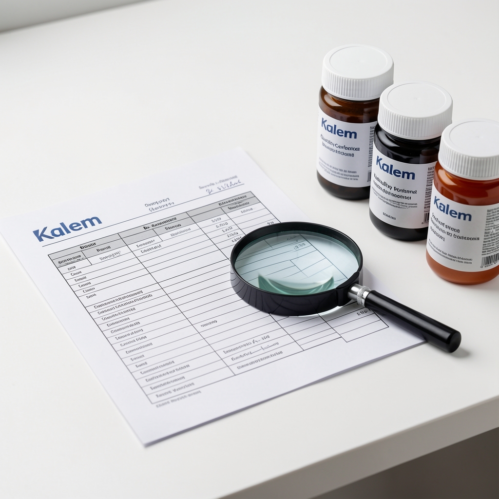 Close-up of a Kalem quality-control bench — printed batch documentation sheets, a magnifying glass, and labeled ingredient containers on a clean white surface under studio lighting